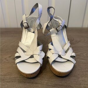 Guess Womens Size 9 White Platform Pumps 4.5" Cork Wedge Heel Strappy Sandal